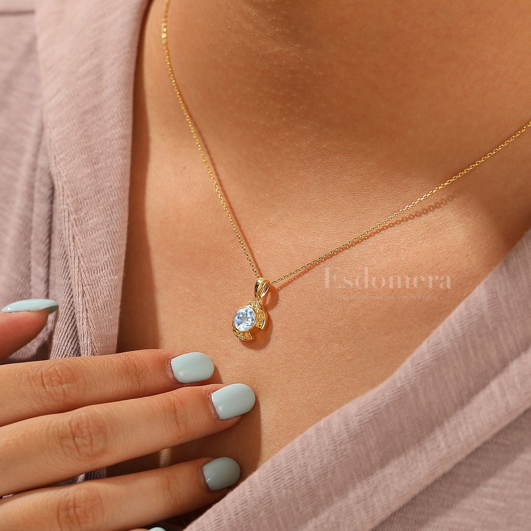Collier pendentif en aigue-marine design croissant Brillant en or massif 14 carats pour femme