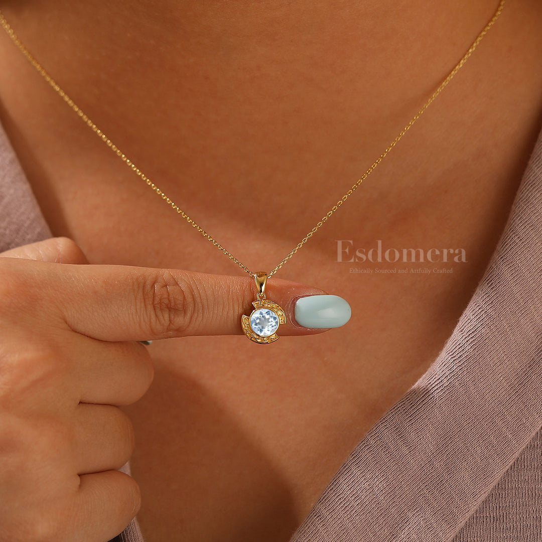 Collier pendentif en aigue-marine design croissant Brillant en or massif 14 carats pour femme