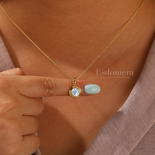 Collier pendentif en aigue-marine design croissant Brillant en or massif 14 carats pour femme