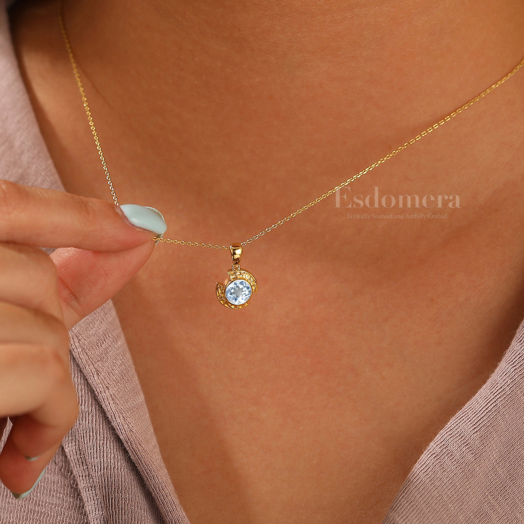 Collier pendentif en aigue-marine design croissant Brillant en or massif 14 carats pour femme