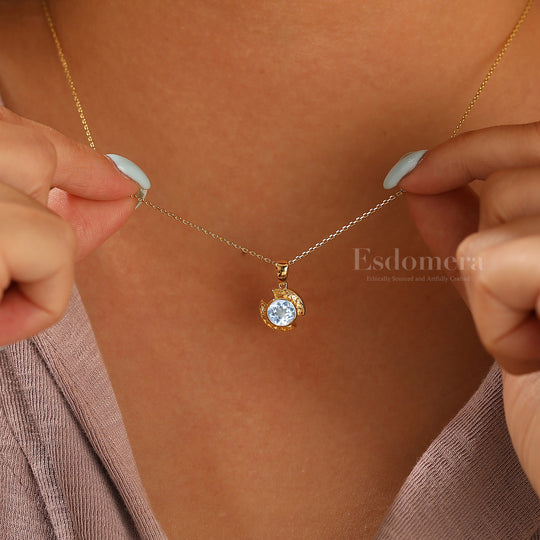 Collier pendentif en aigue-marine design croissant Brillant en or massif 14 carats pour femme