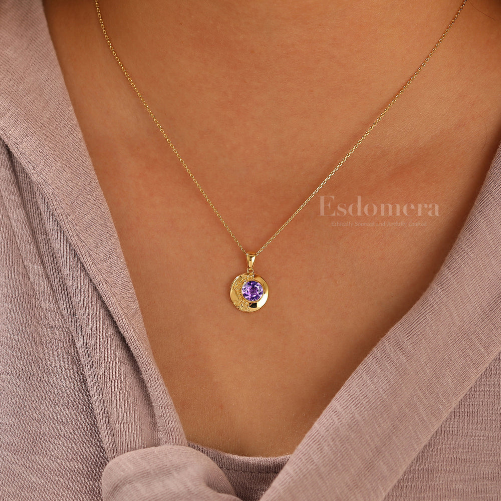 Round Shape Améthyste Pendentif Collier Unique Collier en Argent Sterling Pour Elle