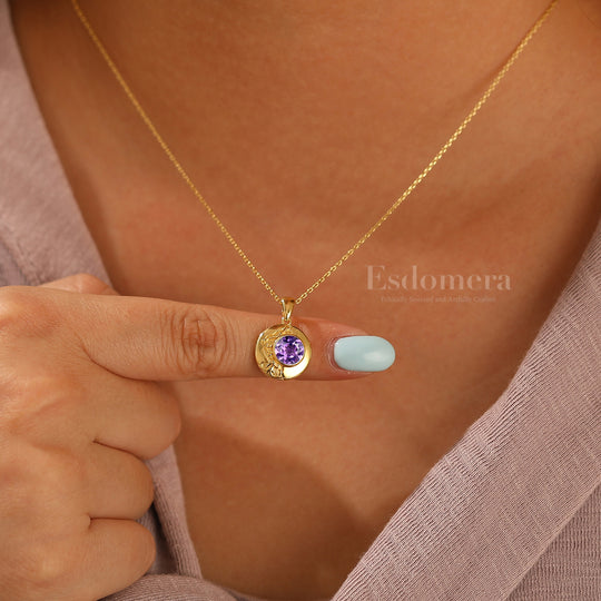 Round Shape Améthyste Pendentif Collier Unique Collier en Argent Sterling Pour Elle