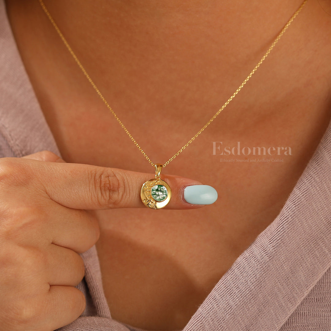 Vintage Moss Agate Pendant Necklace Solid Gold Pendant Custom Stone Necklace