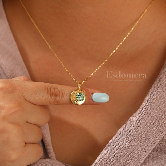 Vintage Moss Agate Pendant Necklace Solid Gold Pendant Custom Stone Necklace