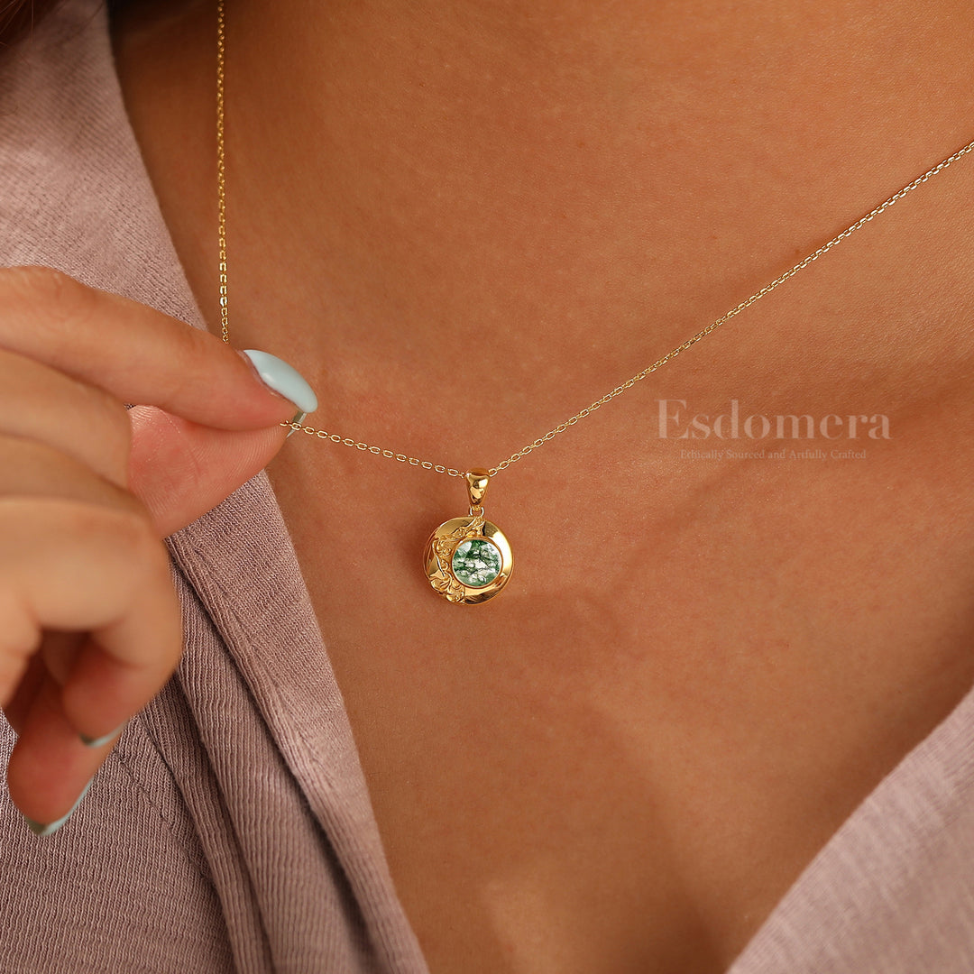 Vintage Moss Agate Pendant Necklace Solid Gold Pendant Custom Stone Necklace