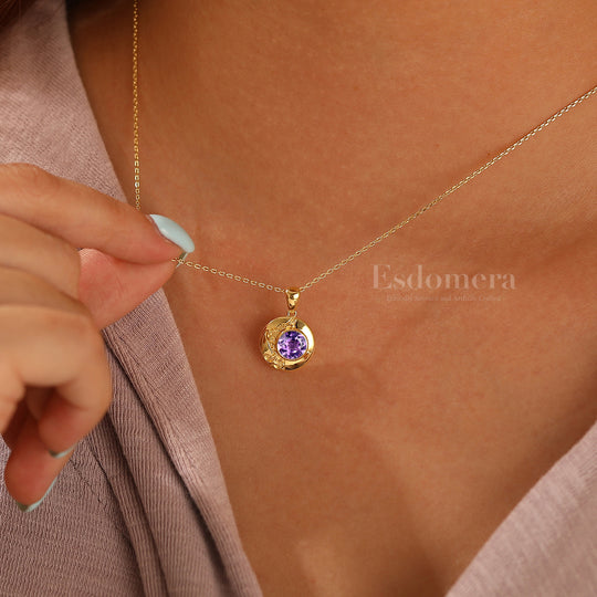 Round Shape Améthyste Pendentif Collier Unique Collier en Argent Sterling Pour Elle