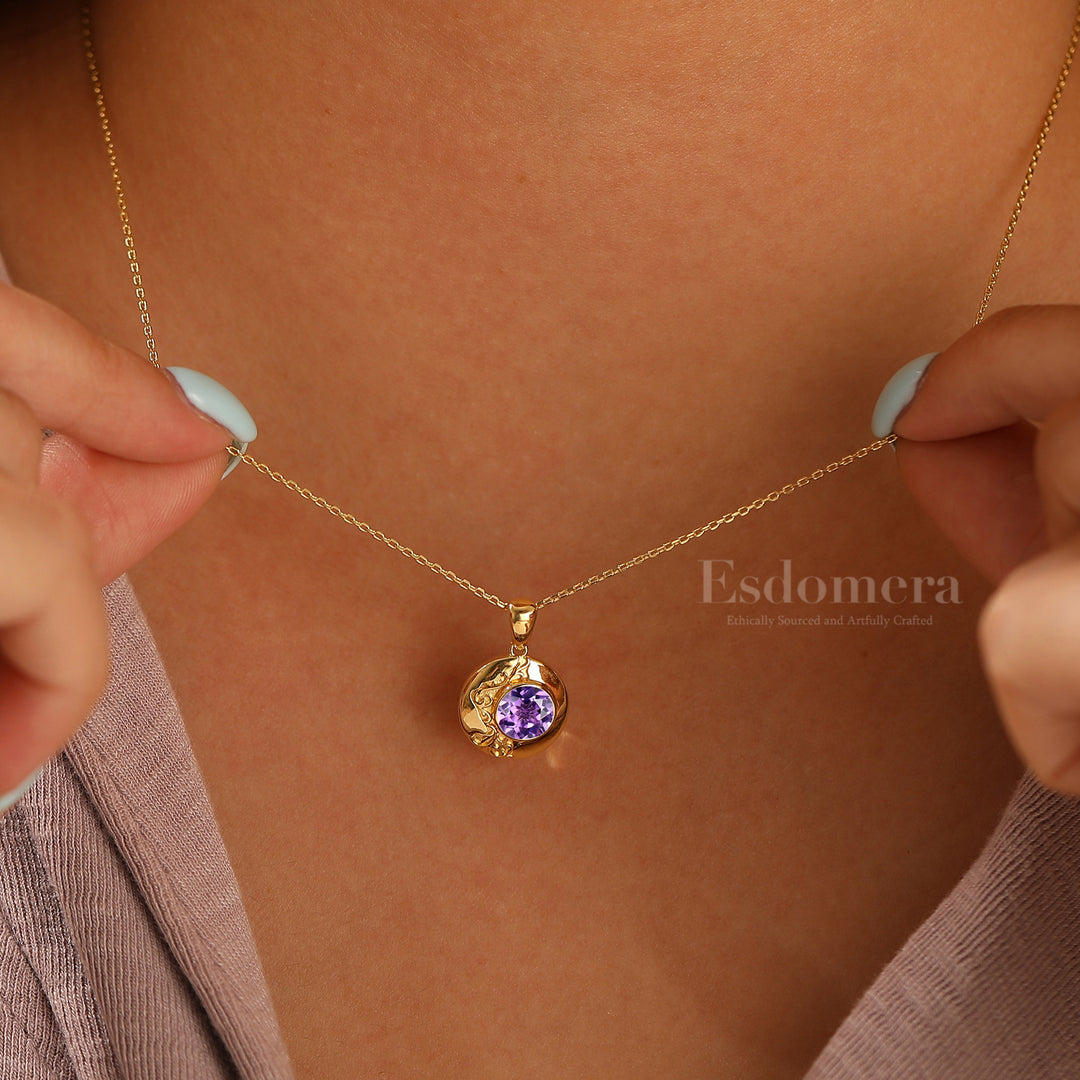 Round Shape Améthyste Pendentif Collier Unique Collier en Argent Sterling Pour Elle