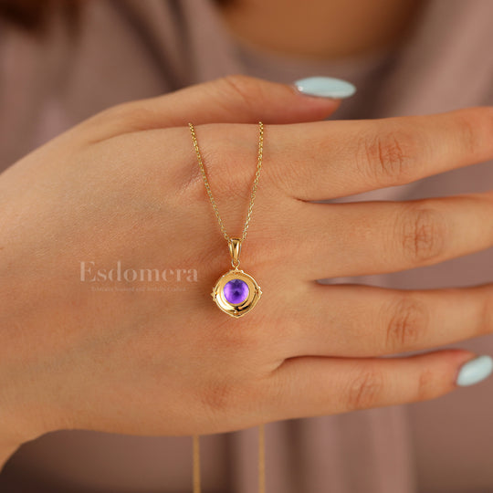 Art Deco Herz Graviertes Weinreben Amethyst Anhänger 14K Gold Damen Halskette