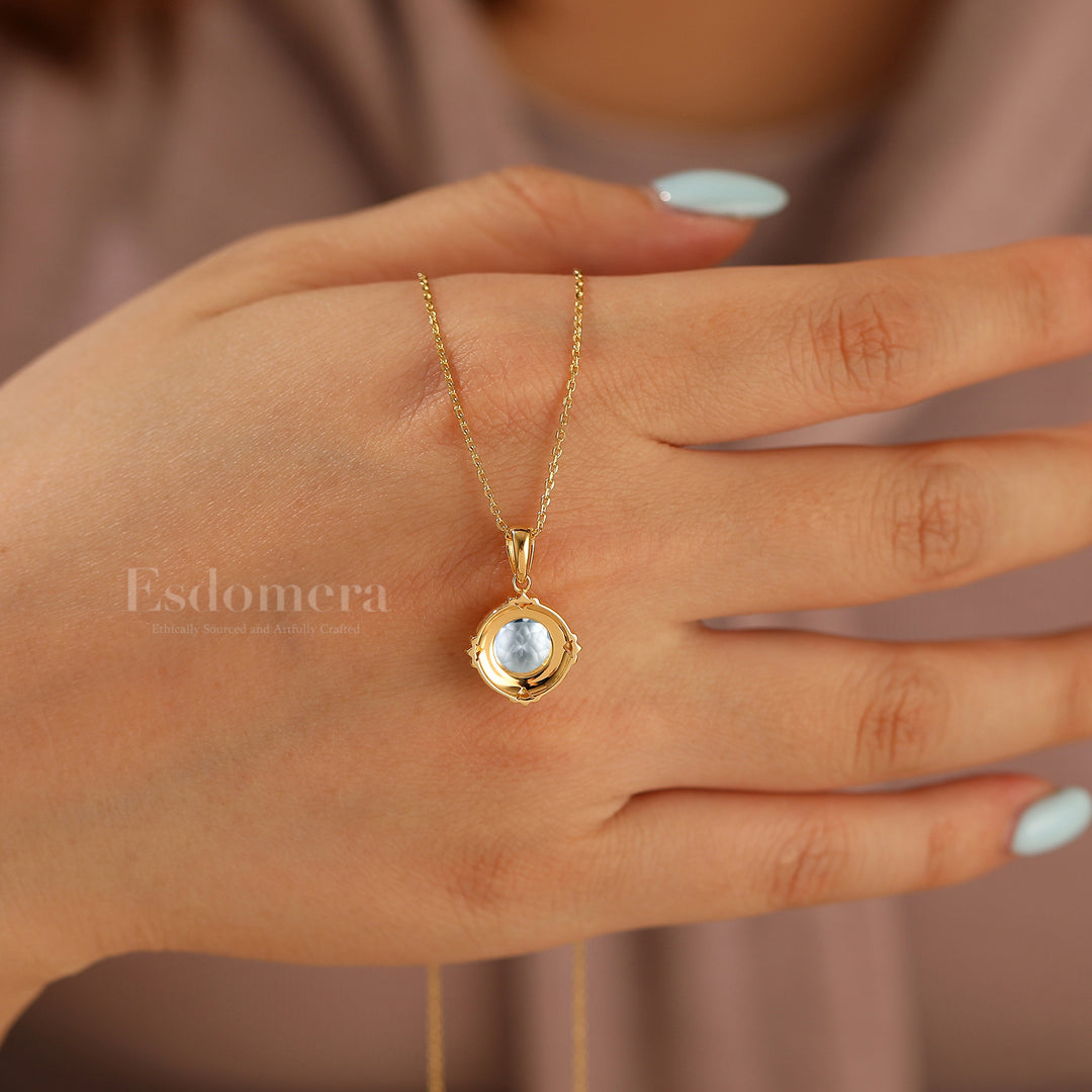 Artsy Vine Heart Engraved Aquamarine Pendant Necklace For Her Anniversary Gift