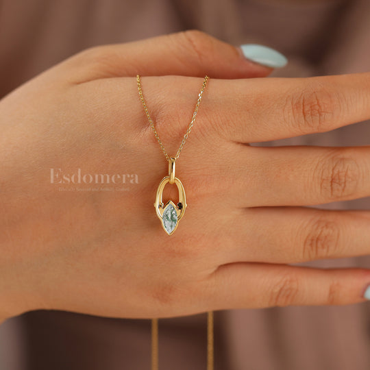 Marquise Coupe Collier en Agate Mousse Pendentif en Argent Sterling Filigrané Pendentif en Or Massif