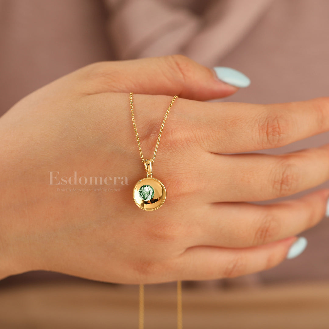 Vintage Moss Agate Pendant Necklace Solid Gold Pendant Custom Stone Necklace