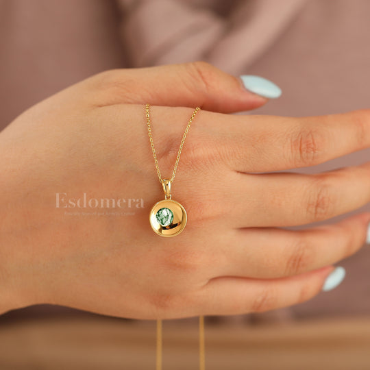 Vintage Moss Agate Pendant Necklace Solid Gold Pendant Custom Stone Necklace