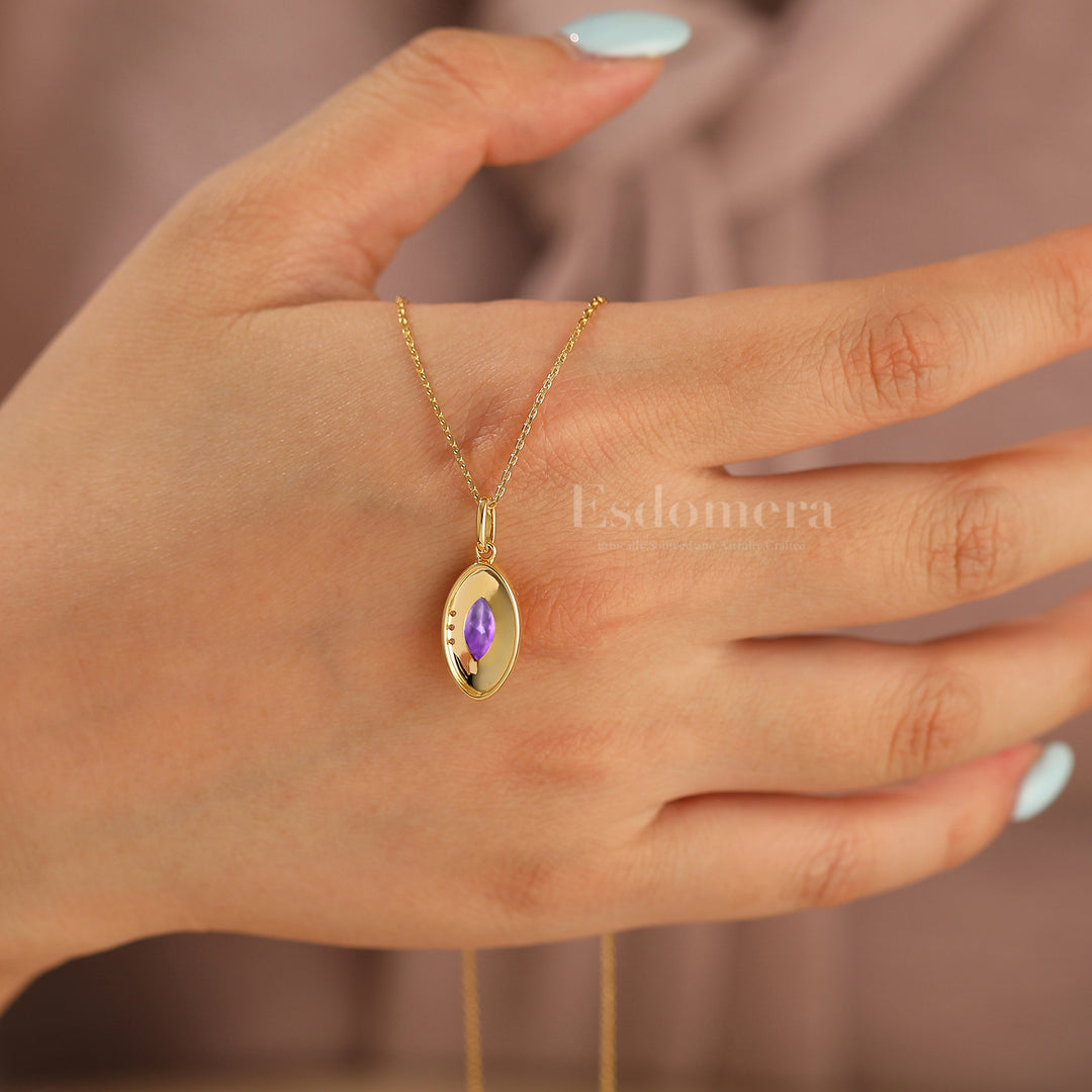 Dainty Horseshoe Style Natural Amethyst Necklace Solid Yellow Gold Women Pendant