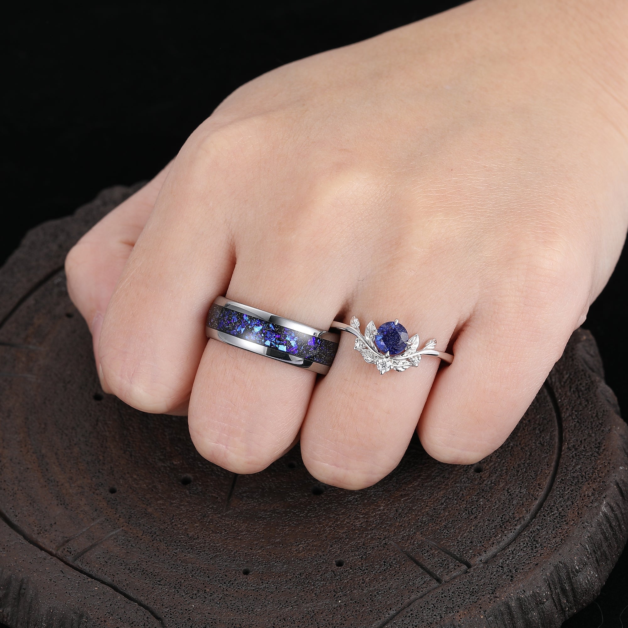 Brilliant Galaxy Sandstone Leaf Shape Couples Ring Set Blue