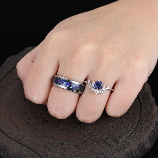 Brilliant Galaxy Sandstone Leaf Shape Couples Ring Set Blue Shining Tungsten Matching Ring