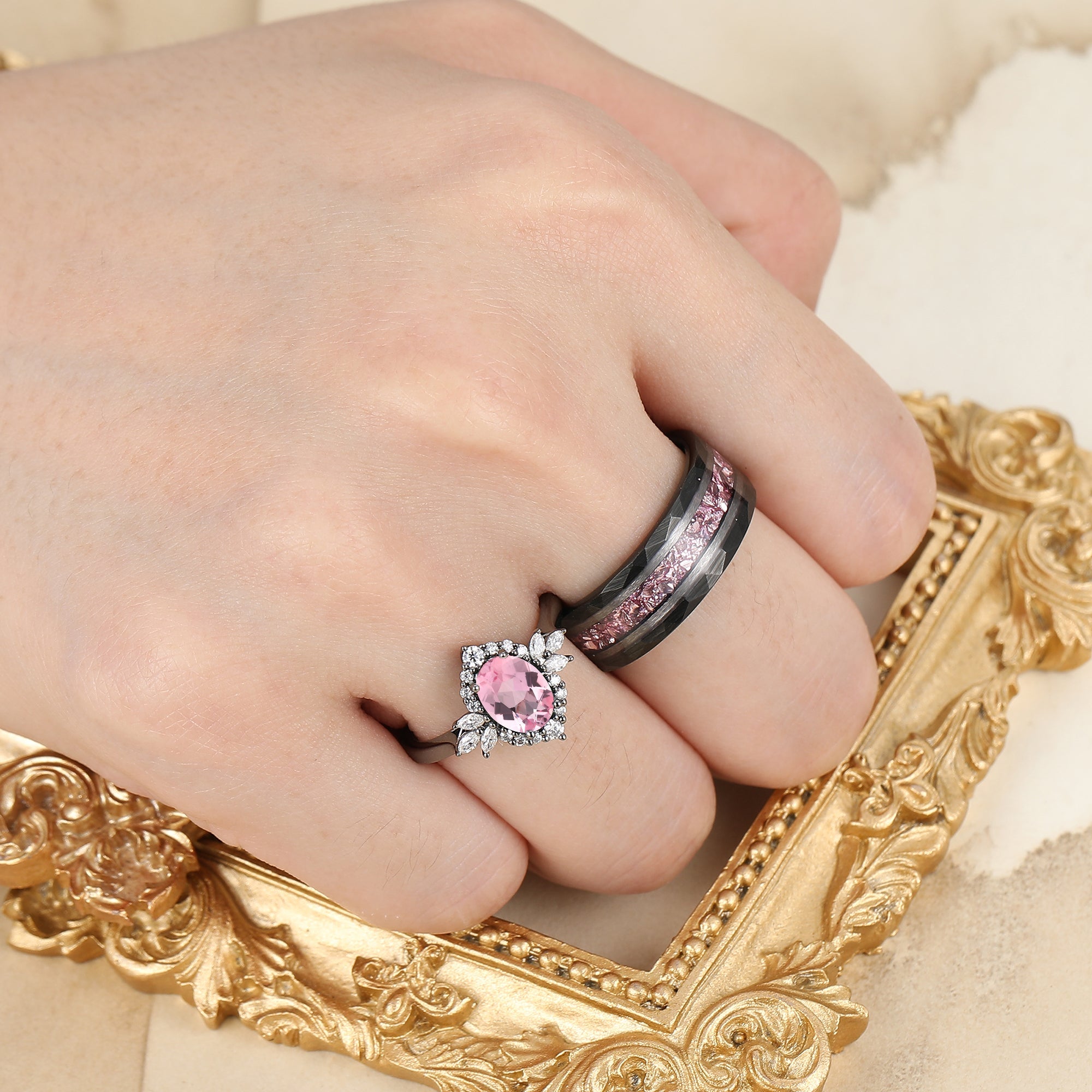 Romantic Pink Morganite Engagement Couple Rings Matching Black
