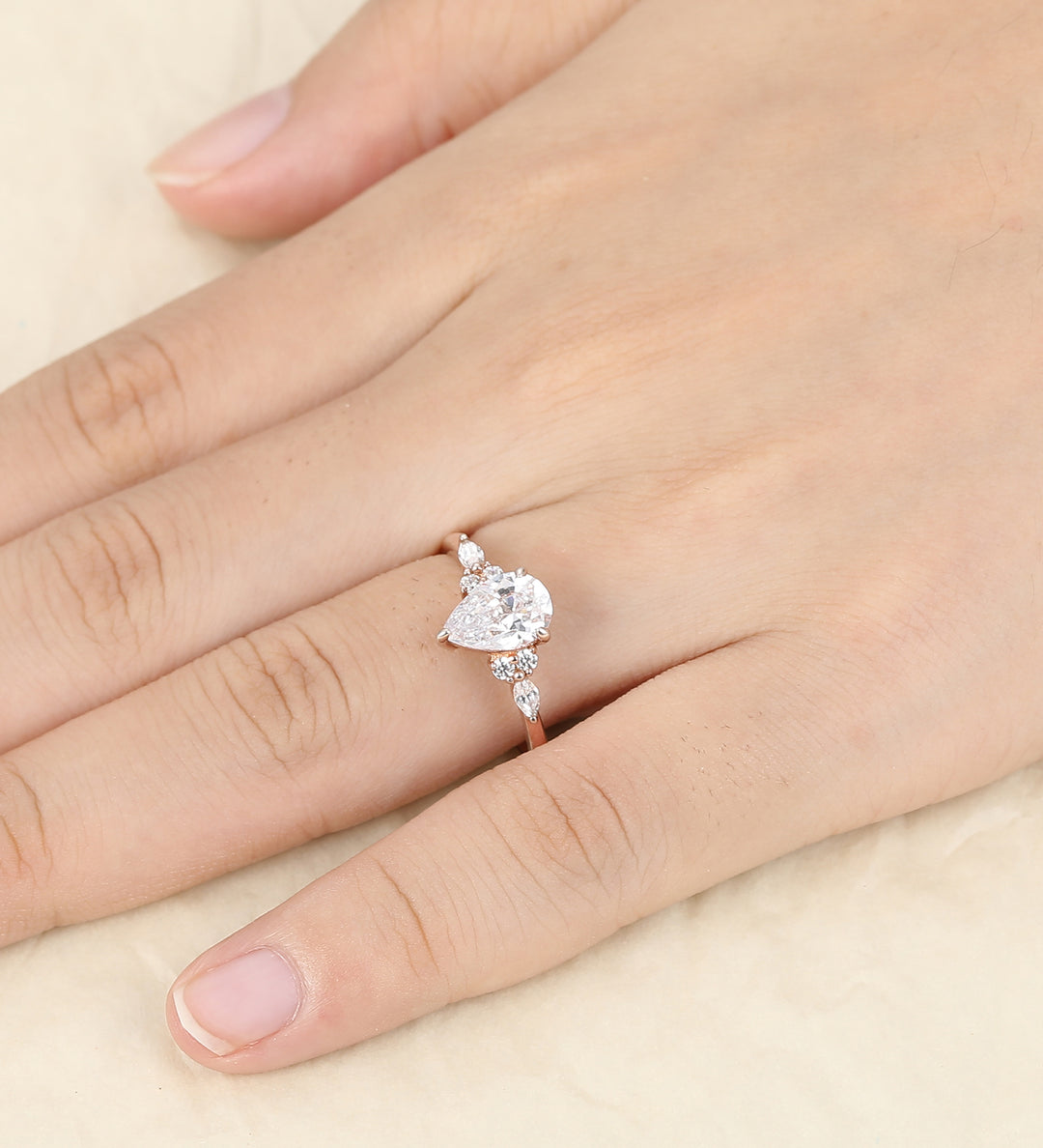 Moissanites Cluster Engagement Ring Prong Set Pear Cut 1.5Carat Moissanite Wedding Ring Art Deco 14k Rose Gold Valentine Gift