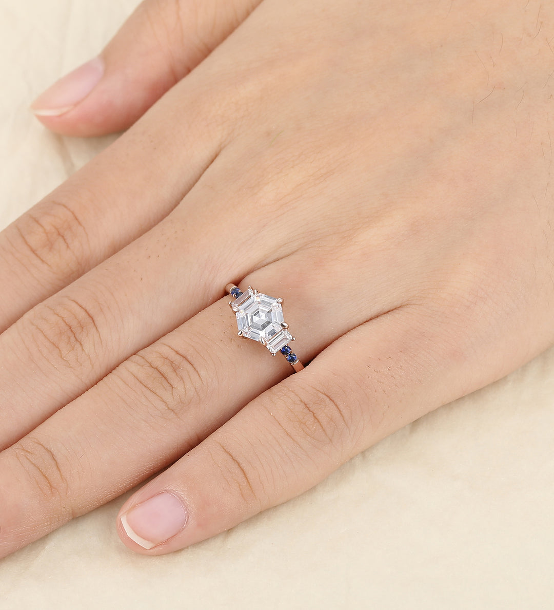 Unique 2 Carat Hexagon Cut Moissanite Engagement Ring Baguette Cluster Ring Sapphire Accent Wedding Ring
