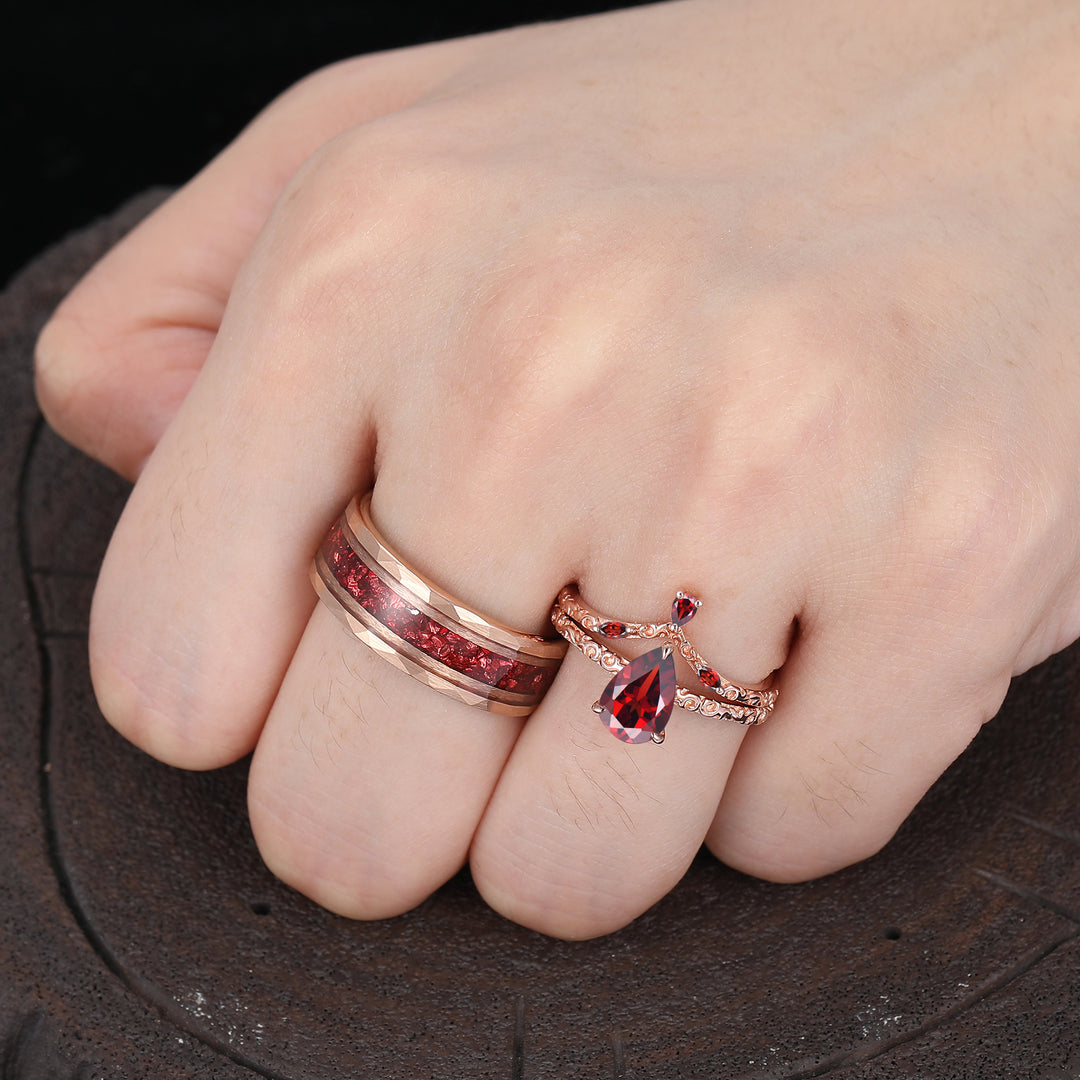 Exquisite Natural Red Ganret Filigreed Couple Ring Set Rose Gold Plated Flourish His And Hers Ring