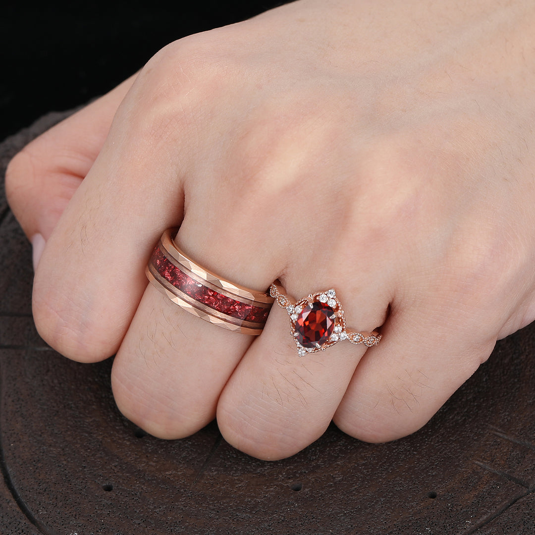 Vintage Natural Red Ganret Milgrained Couple Rings Marriage Ring Set Matching Ring Set