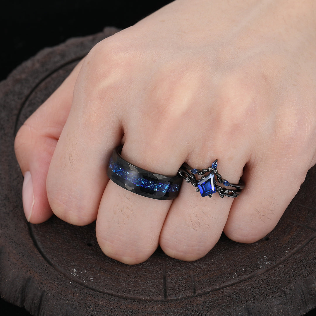 Dainty Leaf Sapphire Couple Ring Set Nature Inspired His and Hers Blue And Black Matching Rings