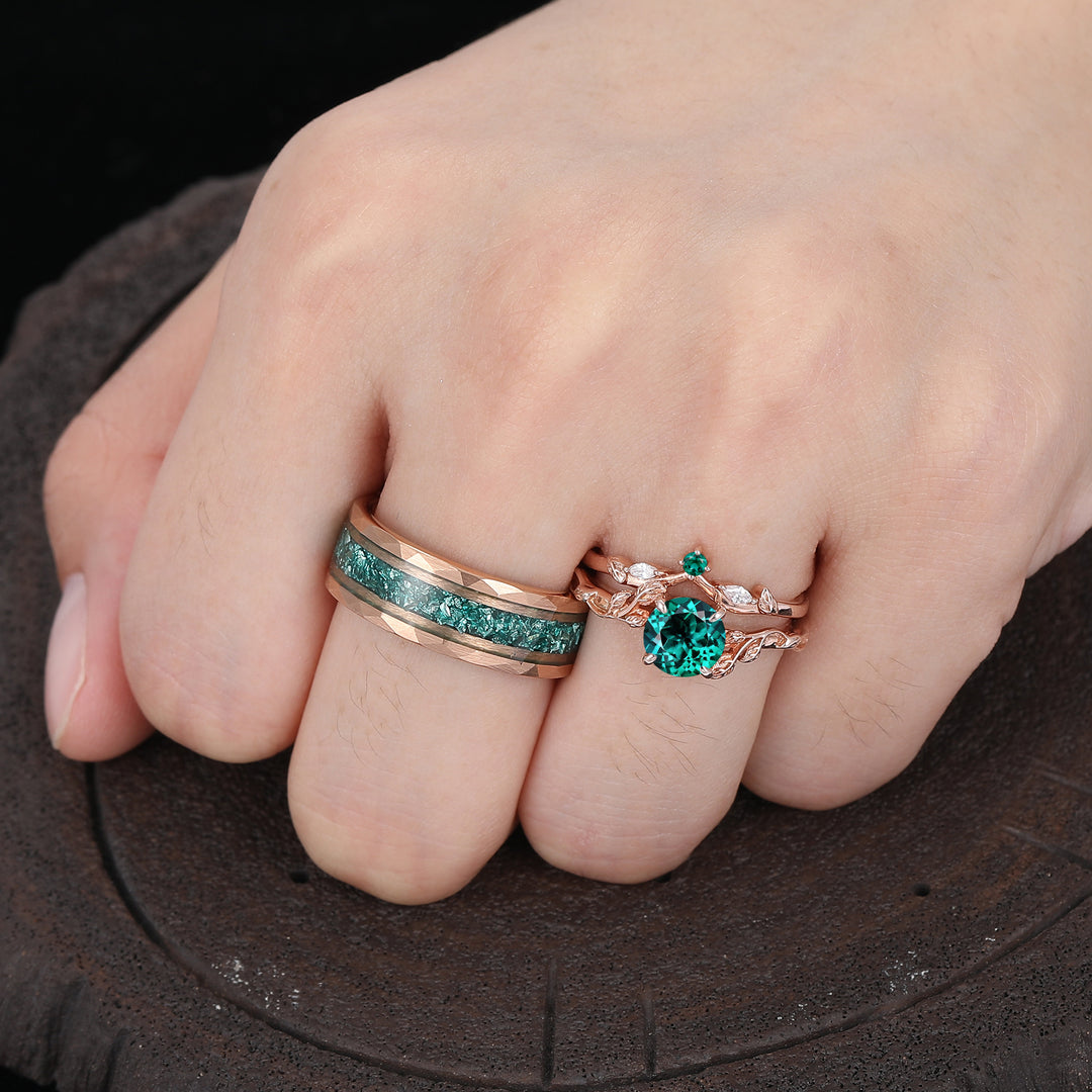 Unique Leaf Design Emerald Couple Rings Rose Gold Plated Matching Ring Set His And Hers Rings