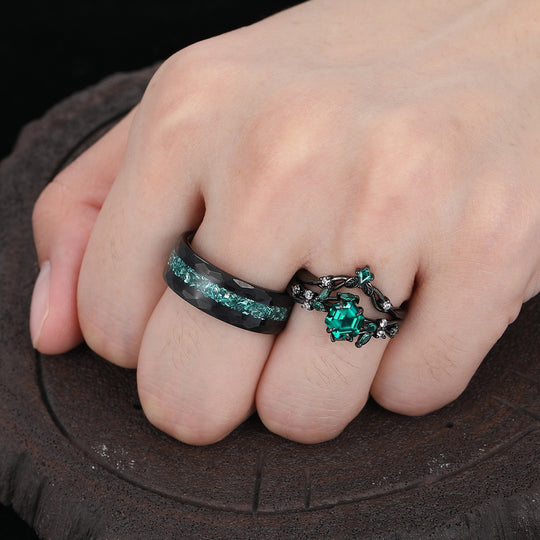 Art Deco Emerald Leaf Branch Couple Rings Leaf Inspired Matching Ring Set Rings For Him And Her