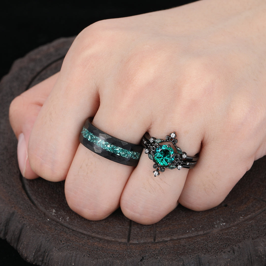 Set di anelli per coppia con motivo a volute, smeraldo taglio rotondo, delicati, placcati in nero, per lui e per lei