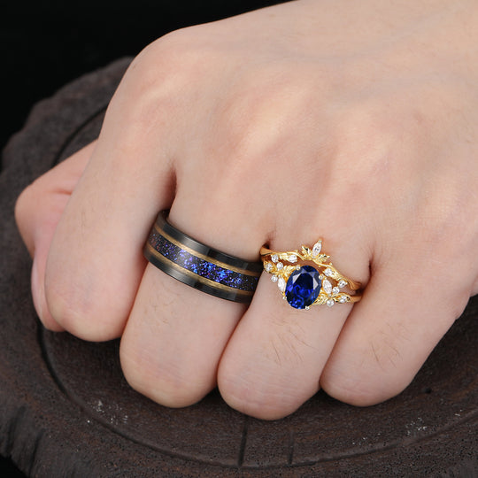 Vintage Leaf Inspired Sapphire Couple Ring Set Yellow Gold Plated His And Hers Rings Marriage Rings