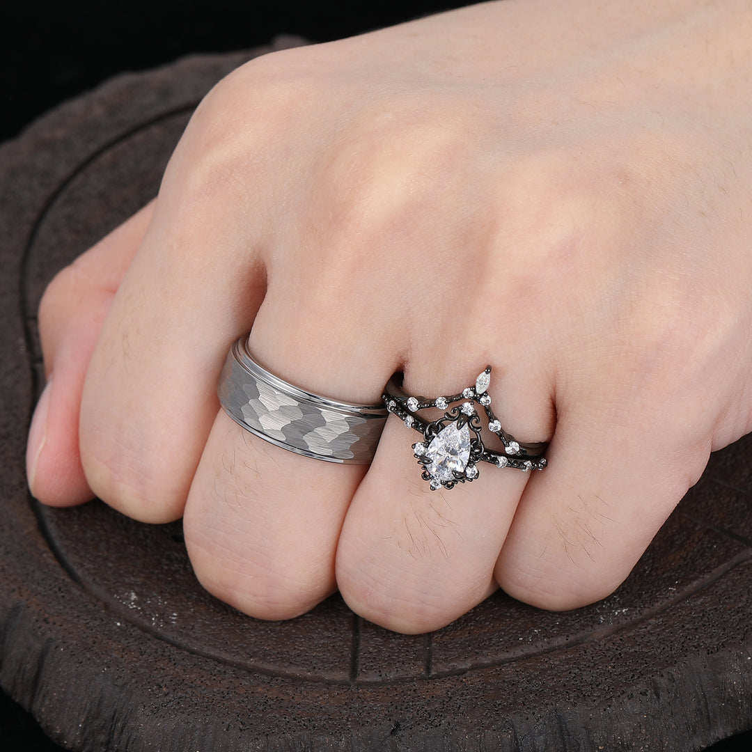 Vintage Filigreed Pear Cut Moissanite Promise Couple Ring Set Marriage Ring Set