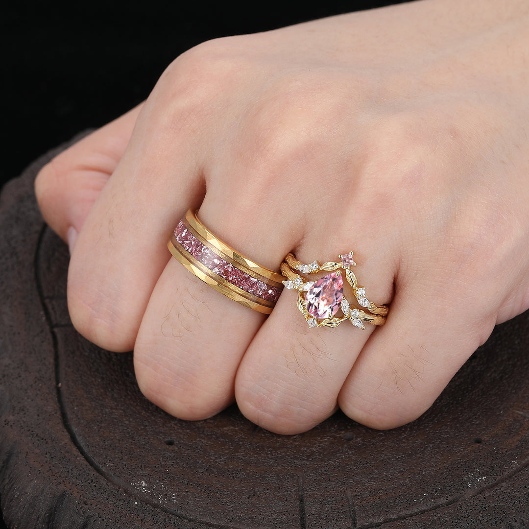 Brilliant Pink Morganite Branch Couple Ring Set Yellow Gold Plated His And Hers Rings