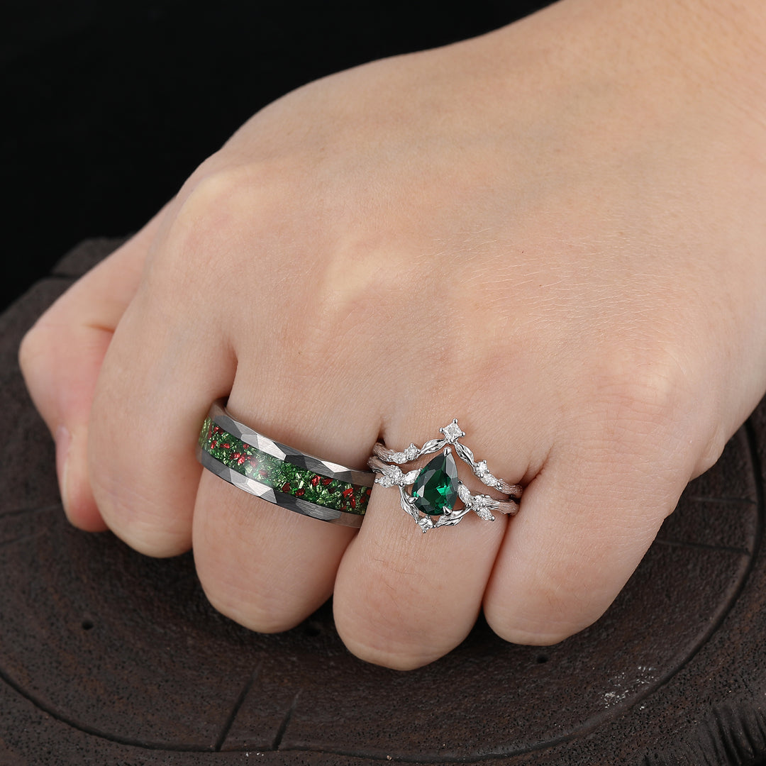 Exquisite Emerald Leaf Branch Couple Ring Set 3pcs Green His And Hers Rings Matching Ring For Women