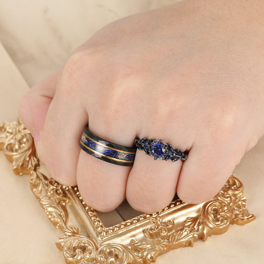 Ensemble de bagues de mariage en saphir bleu et tungstène noir pour couples