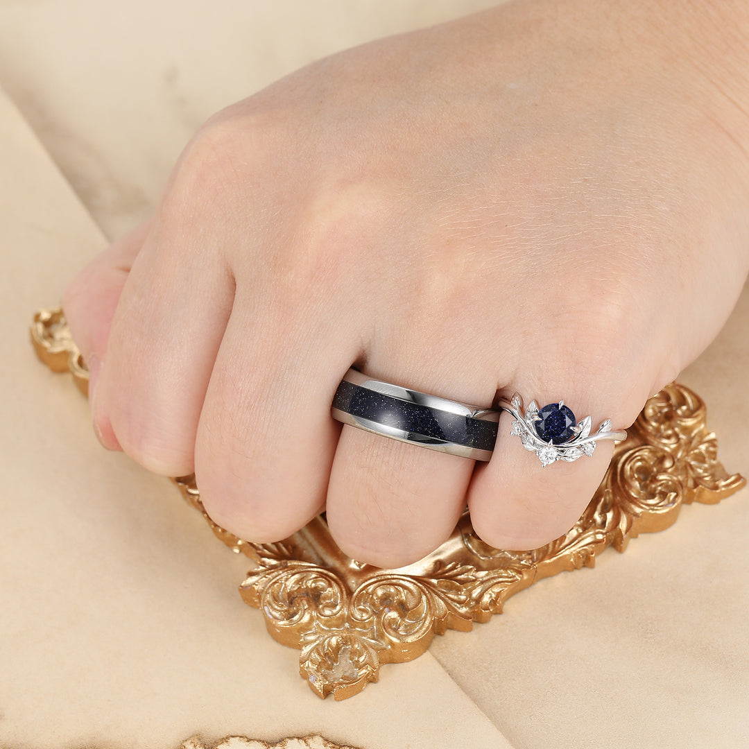 Bague de couple assortie en pierre bleue ronde taillée, délicate — feuillage, ensemble unique brillant pour lui et elle