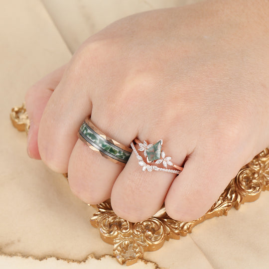 Noble Petal Kite Cut Moosachat Ring Set 925 Sterlingsilber und Wolfram Paar-Ring