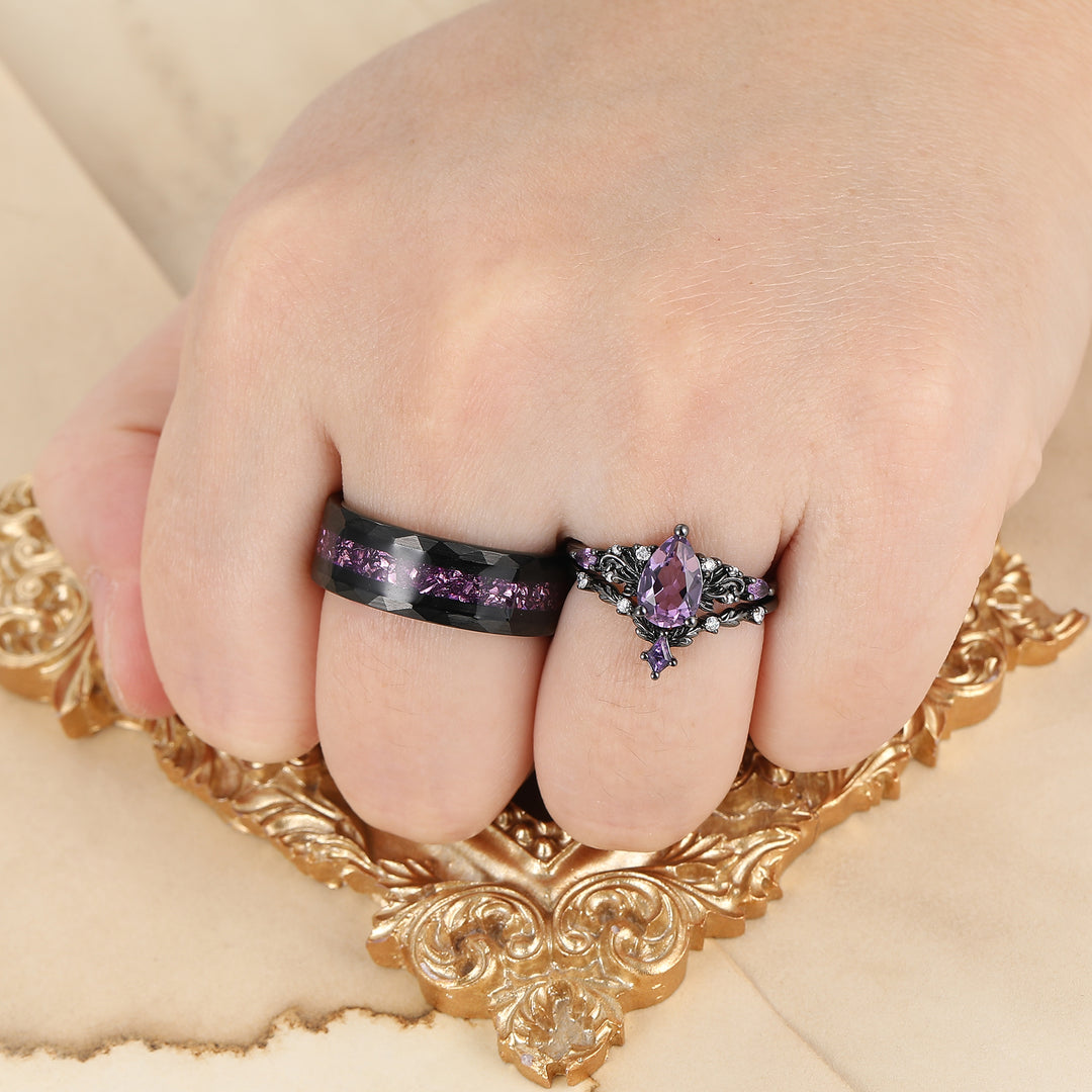 Scrollwork Natural Amethyst Rings For Couple Purple Amethyst Engraved Floral His And Hers Ring Set