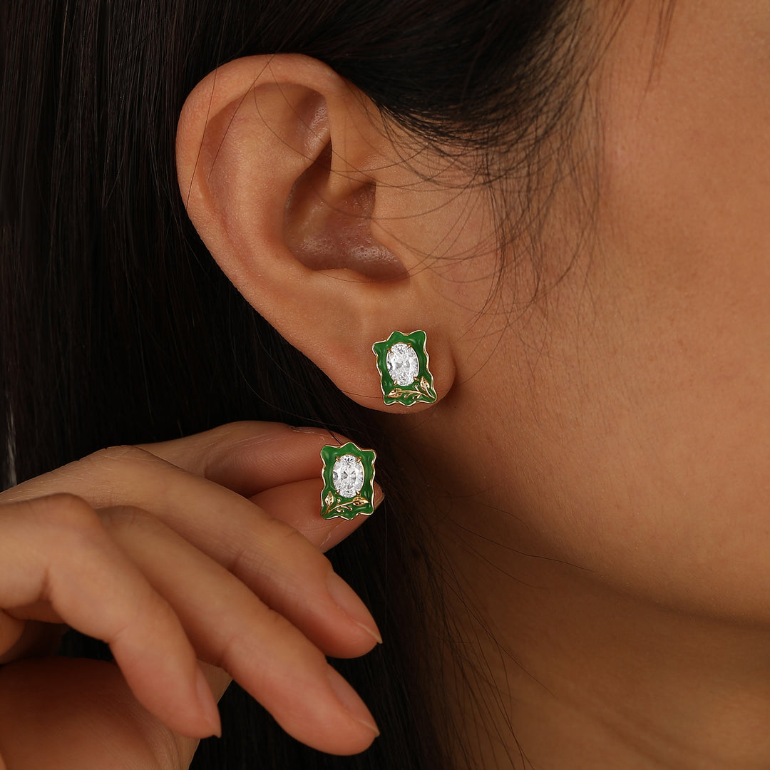 Art Deco Green Enamel Oval Moissanite Stud Earrings Sterling Silver Women Earrings -  Esdomera.com