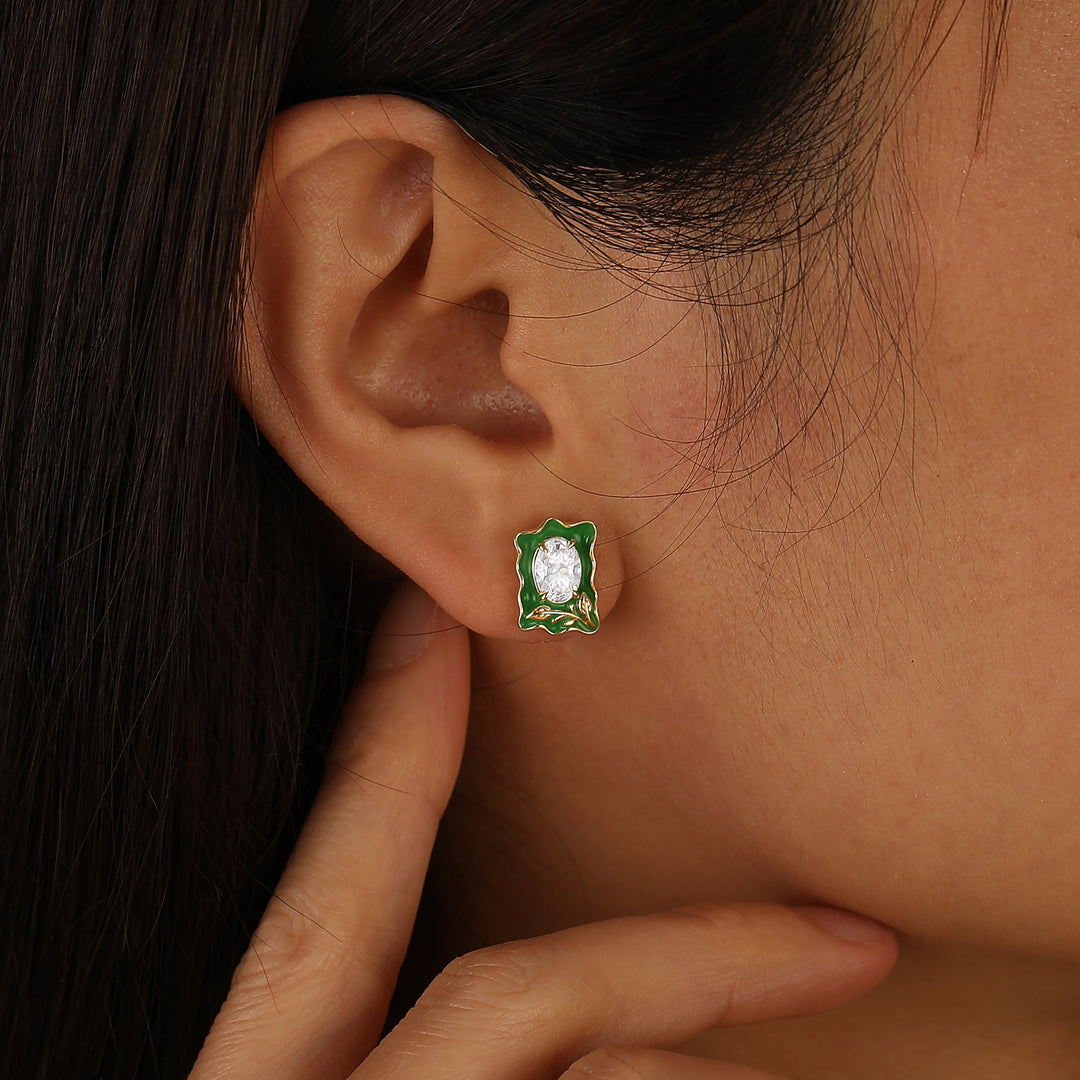 Art Deco Green Enamel Oval Moissanite Stud Earrings Sterling Silver Women Earrings -  Esdomera.com