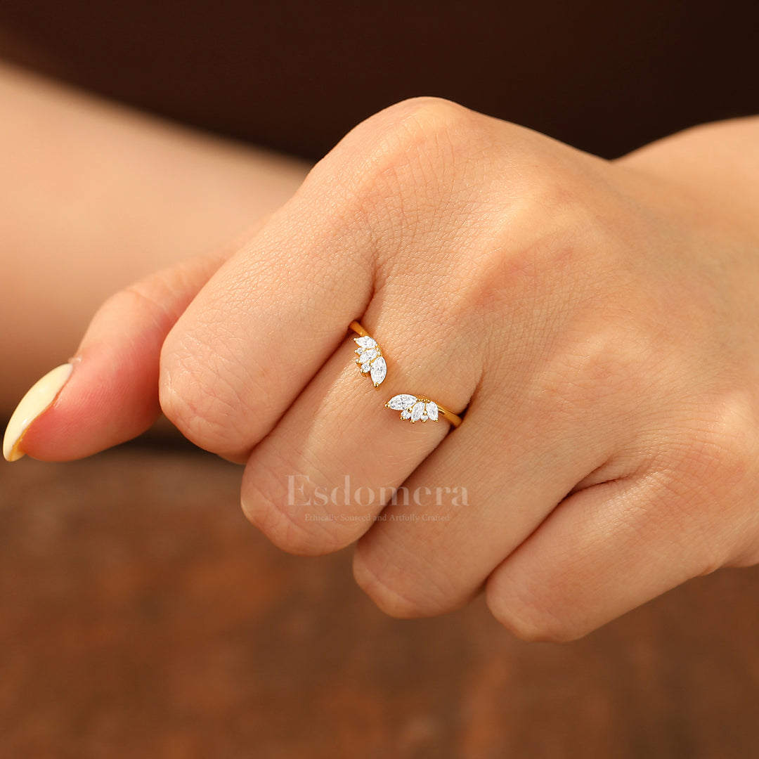 Dainty Moissanite Open Wedding Ring 14K Yellow Gold Wedding Band For Her