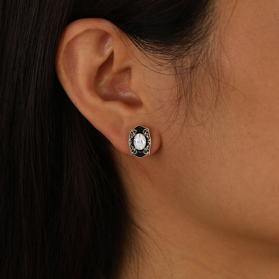 Pendientes de botón ovalados de moissanita con grabado floral, esmalte negro vintage para mujer