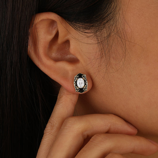 Pendientes de botón ovalados de moissanita con grabado floral, esmalte negro vintage para mujer