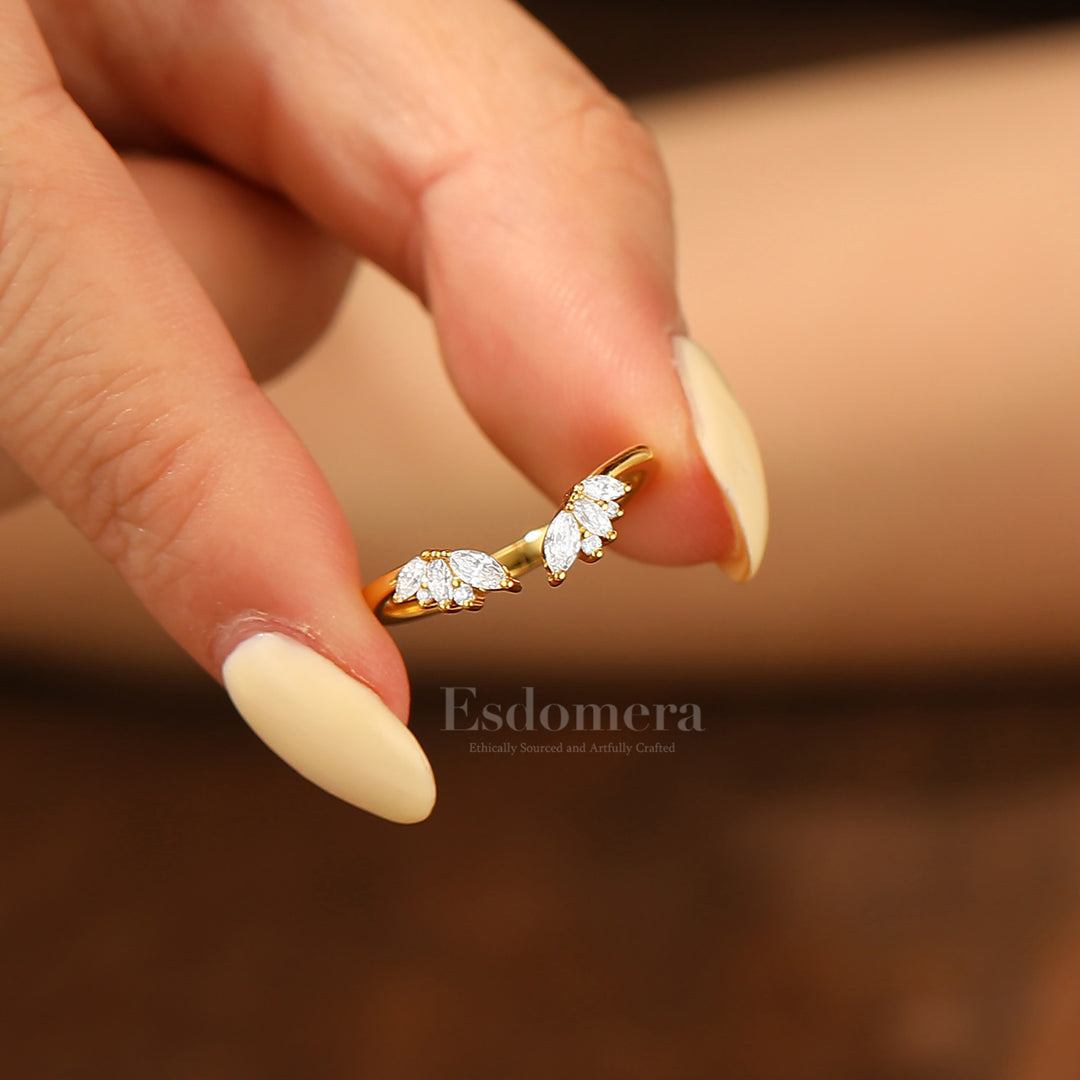 Dainty Moissanite Open Wedding Ring 14K Yellow Gold Wedding Band For Her
