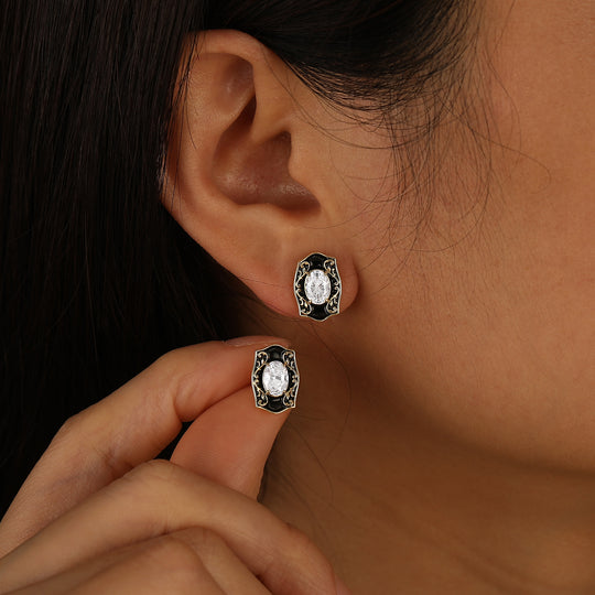 Pendientes de botón ovalados de moissanita con grabado floral, esmalte negro vintage para mujer