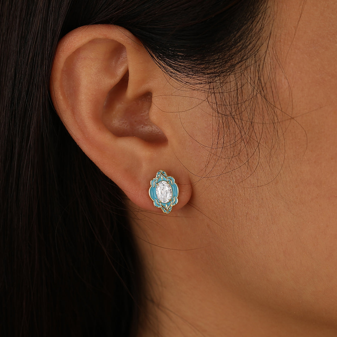 Himmelblaue Emaille-Blumen-Ohrstecker, elegante ovale Moissanit-Ohrringe für Damen