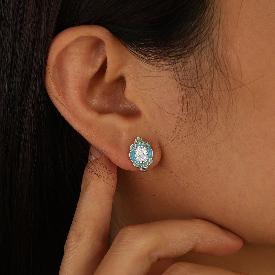 Himmelblaue Emaille-Blumen-Ohrstecker, elegante ovale Moissanit-Ohrringe für Damen