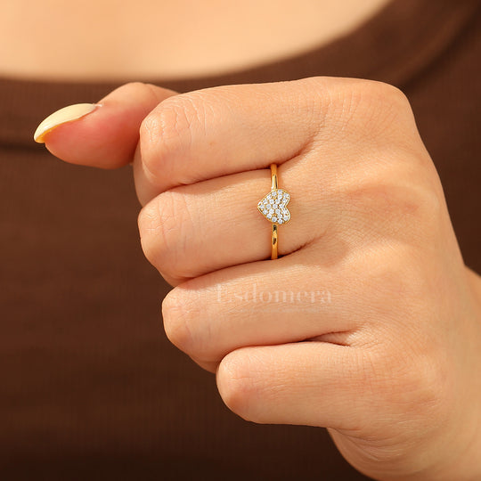 Delicate Heart Bridal Ring Romantic Pavé Moissanite Solid Gold Engagement Ring
