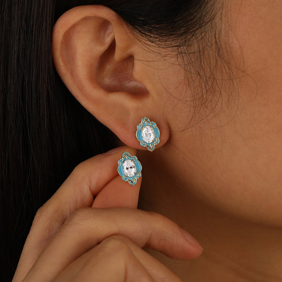 Himmelblaue Emaille-Blumen-Ohrstecker, elegante ovale Moissanit-Ohrringe für Damen