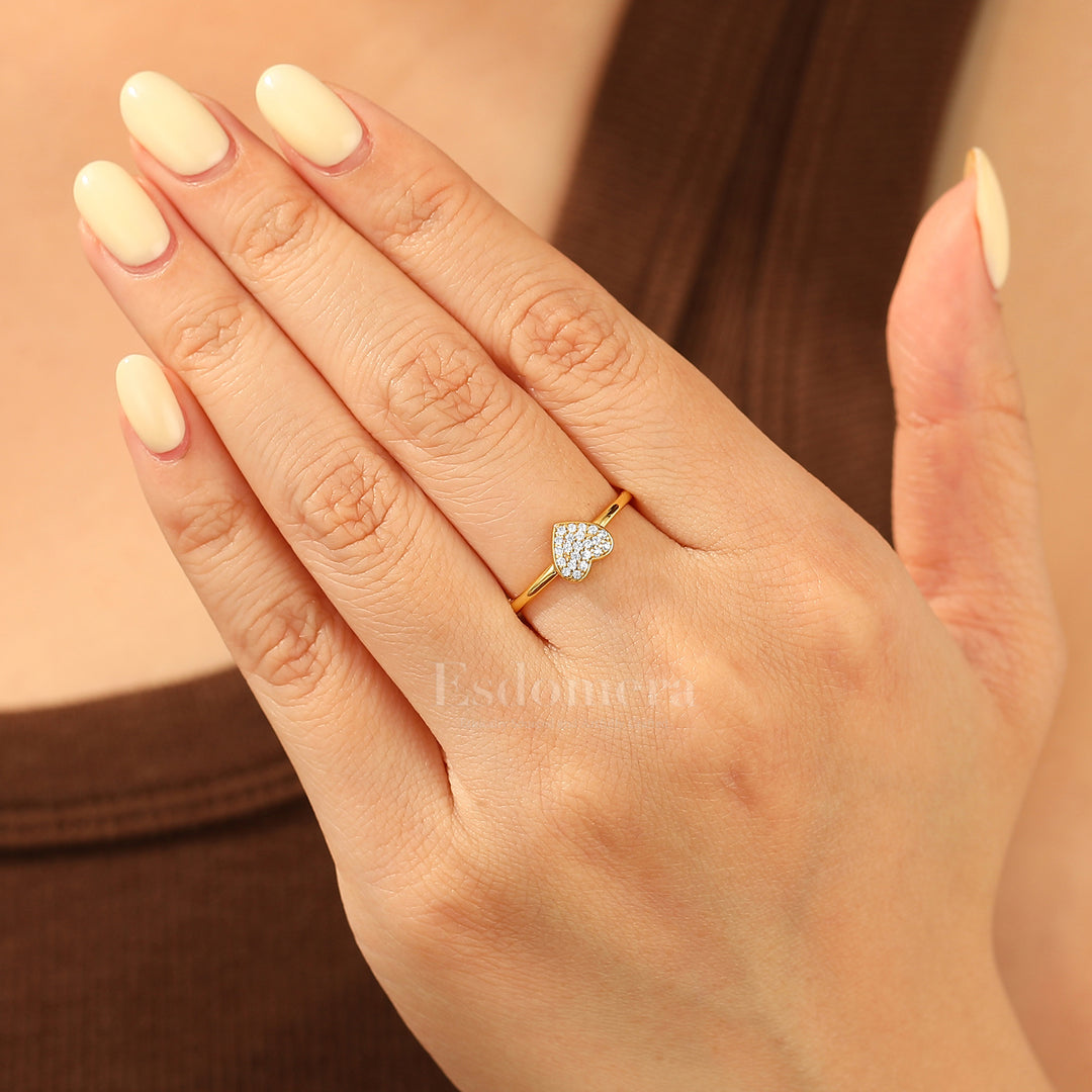 Delicate Heart Bridal Ring Romantic Pavé Moissanite Solid Gold Engagement Ring