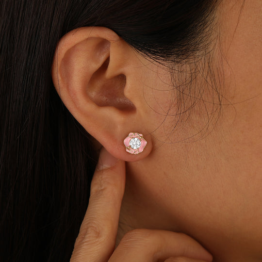 Pink Floral Style Round Cut Moissanite Stud Earrings Artsy Women Earrings